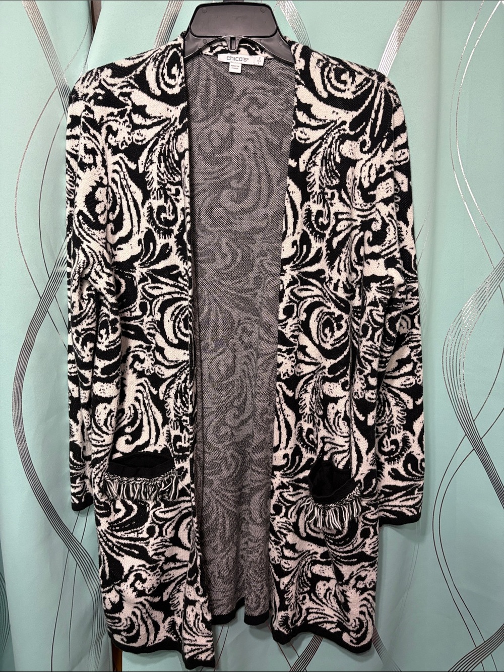 Chico's Black & White Swirl Open-Front Cardigan